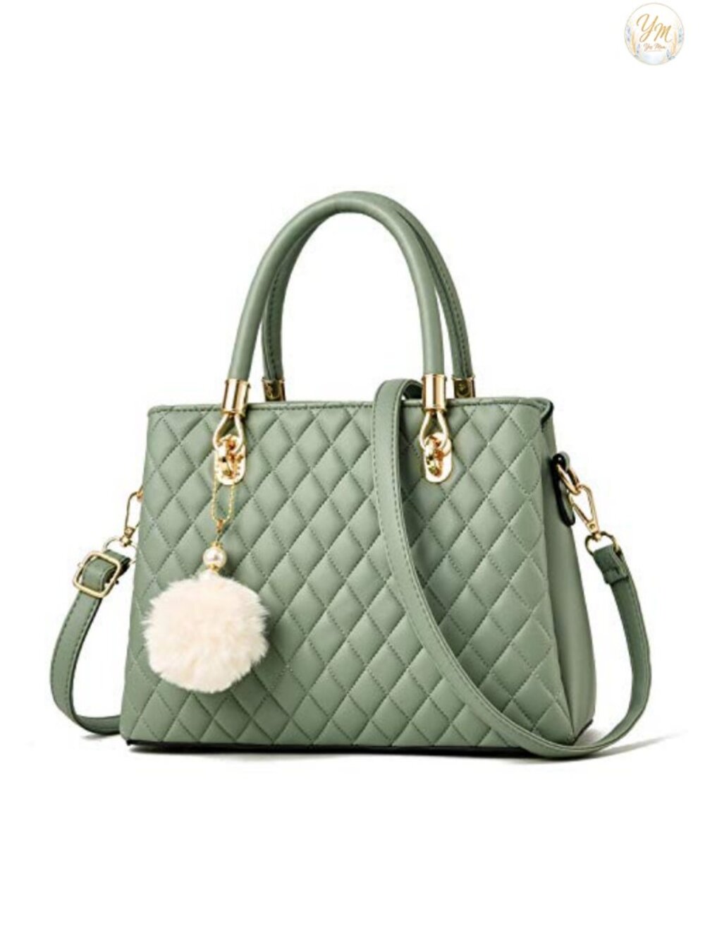 PU Leather Satchel Top-Handle Bag with Pompon Adjustable Strap